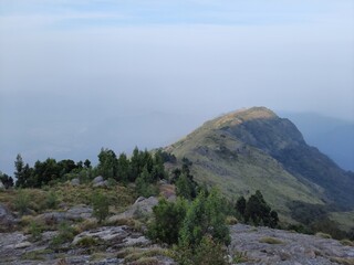 beautiful scenic view from Kodanad View Point of misty rain cloud hill mountain green forest