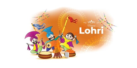 Vector illustration of Happy Lohri banner, festive background concept, celebrating people with drum, bonfire and sweets, Indian Punjabi festival, 