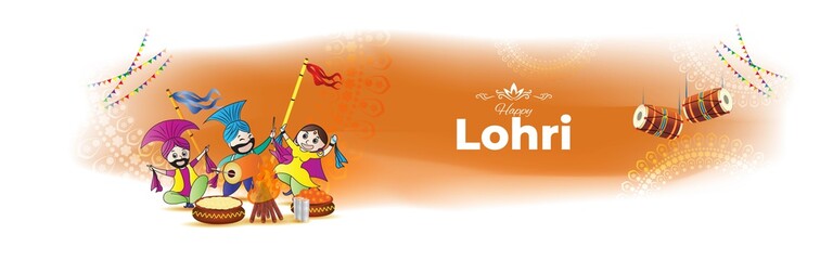 Vector illustration of Happy Lohri banner, festive background concept, celebrating people with drum, bonfire and sweets, Indian Punjabi festival, 