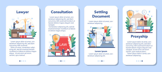 Professional lawyer mobile application banner set. Punishment and judgement.