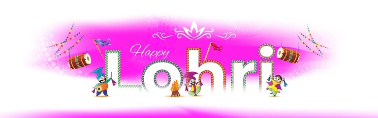 Vector illustration of Happy Lohri banner, festive background concept, celebrating people with drum, bonfire and sweets, Indian Punjabi festival, 