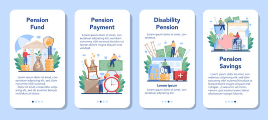 Pension fund mobile application banner set. Saving money for retirement
