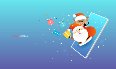 Cartoon Santa Claus, rendeer and gifts with Christmas sale time for gifts. Online shopping on smartphone, cellphone or mobile concept for web banners, web sites, infographics. Online business template
