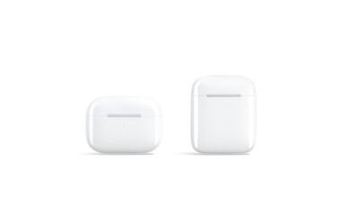 Blank white big and small headphones case mockup stand, isolated