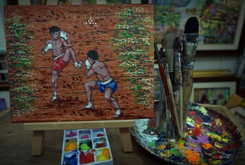 paint brushes, palette , Art painting Acrylic color Muaythai , Thai boxing from Thailand