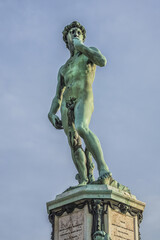 Bronze replica of statue David in the center of Michelangelo Square (Piazzale Michelangelo, 1869) in Florence (Firenze). Italy.