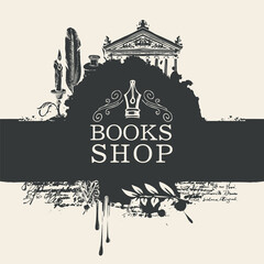 Creative banner for books shop with black drawings and abstract spots in retro style. Artistic vector illustration with nib, candle, feather, inkwell, architectural facade, blobs and splashes