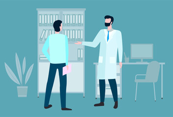 Fototapeta na wymiar Man is communicating at a consultation with doctor. Therapist and patient at hospital appointment. A man in a medical gown stands with a clipboard. Male character telling the doctor about the symptoms