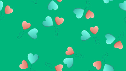 Endless seamless pattern of beautiful festive love joyful tender heart-shaped balloons on a green background. illustration