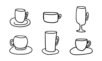 Doodle coffee cups illustration. Simple outline drawing. Morning drink for breakfast. Hand drawn design element