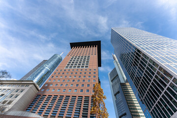 Frankfurt, Germany, November 2020: Beautiful facades of skyscapers maintower, japan tower in Frankfurt am Main