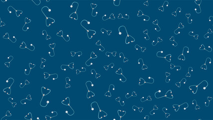Endless seamless pattern of medical scientific medical subjects stethoscopes phonendoscopes for listening to the heart and lungs and diagnosing pneumonia on a blue background. illustration