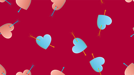 Endless seamless pattern of beautiful festive love joyful hearts with cupid arrow on a red background. illustration