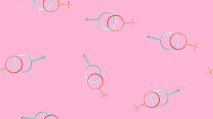 Endless seamless pattern of beautiful festive love symbols of the sexes of man and woman on a pink background. illustration