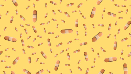 Endless seamless pattern of medical medical scientific objects of disinfecting beige adhesives for the treatment of wounds and cuts on a yellow background. illustration