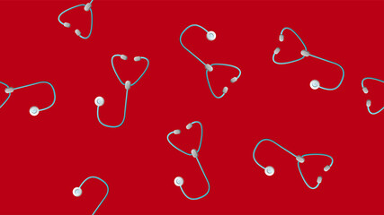 Endless seamless pattern of medical scientific medical subjects stethoscopes phonendoscopes for listening to the heart and lungs and diagnosing pneumonia on a red background. illustration
