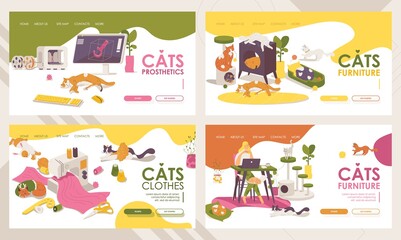 Collection of various landing page banners about cats furniture, dress and clothes for pets, 3d prostheses print for injured kittens. Vibrant colors and lovely animal characters