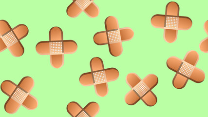 Endless seamless pattern of medical medical scientific objects of disinfecting beige adhesives for the treatment of wounds and cuts on a green background. illustration