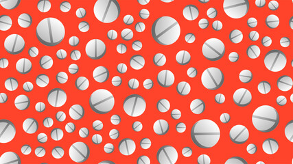 Endless seamless pattern of medical scientific medical items, pharmacological tablets and medications, pill capsules on an orange background.  illustration