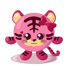 Funny cute kawaii tiger girl with round body and hair bow in flat design with shadows. Isolated animal vector illustration