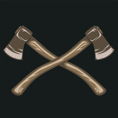 Hand drawn crossed lumberjack axes isolated on black background in vintage retro style. Color design element for print, tattoo, emblem, badge. Vector illustration.