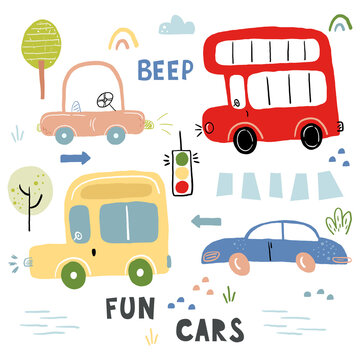 Cute childish print with hand drawn cute car. Cartoon cars, road sign,zebra crossing vector illustration.Perfect for kids fabric,textile,nursery wallpaper