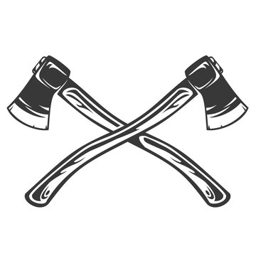 Hand drawn crossed lumberjack axes isolated on white background in vintage retro style. Monochrome design element for print, tattoo, emblem, badge. Vector illustration.