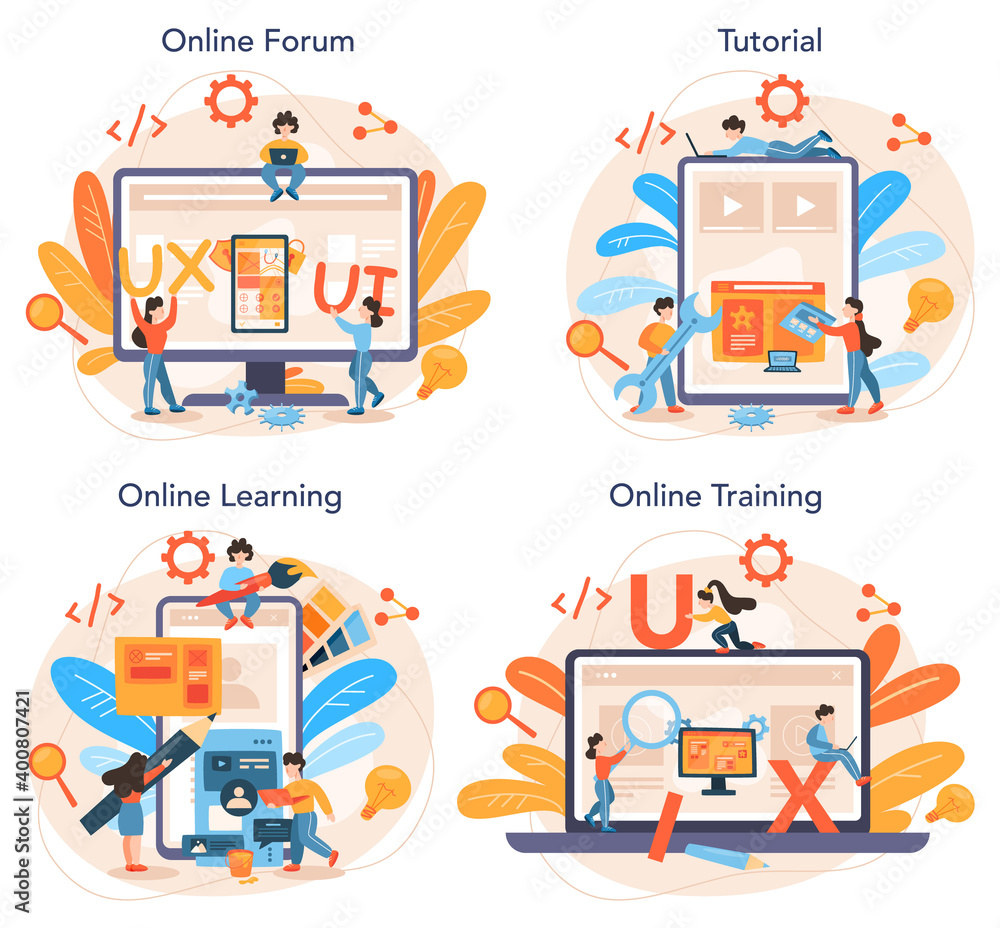 Poster ux ui designer online service or platform set. app interface improvement