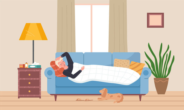 Male character having cold and lying in bed. Dog owner is sick at home vector illustration. The puppy lies next to the sofa and looks at the sad guy. Man being treated for flu with pills in apartment