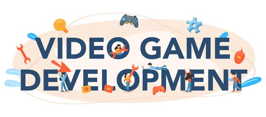 Game development typographic header. Creative process of a computer video