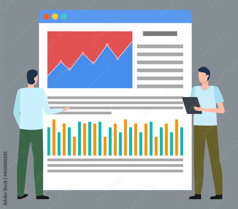 Aufkleber data analysis vector, isolated workers with papers and documents looking at screen with information.