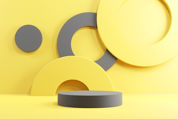 Abstract minimal scene with geometric forms. Cylinder podium stage in yellow and grey backgrounds. for show product presentation 2021, mock up, 3d render.