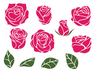 Set of red roses buds and green leaves in minimalistic hand drawn style. Collection color flower elements isolated on white background. Vector illustration.