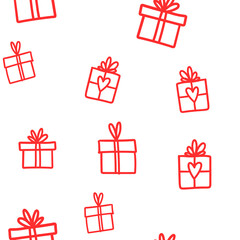 Gift box doodle seamless pattern. Present with ribbons texture drawings. Texture of holiday season presents. Christmas background.