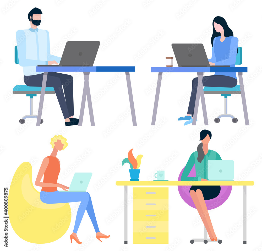 Poster people communication with laptop, employee and workplace. worker character using computer at desktop