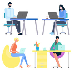 People communication with laptop, employee and workplace. Worker character using computer at desktop, man and woman with wireless device, company vector