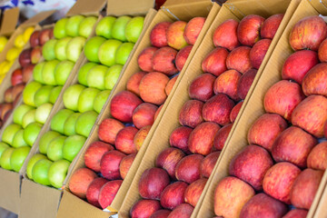 Market of fruits and vegetables in crates