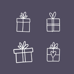 Hand drawn gifts collection. Present box with ribbons. Doodle illustrations. Christmas gift symbols.
