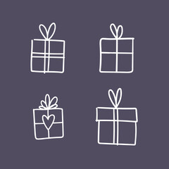 Hand drawn gifts collection. Present box with ribbons. Doodle illustrations. Christmas gift symbols.