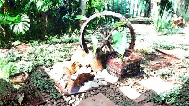 Garden artwork decorations created from old or vintage rusted metal objects turned into still live paintings.  