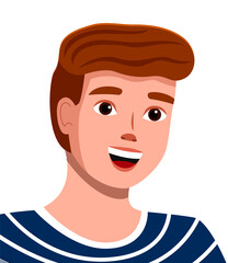 Portrait of young man smiling facial expression, cartoon vector character in a striped T-shirt isolated on white background. Handsome guy cute smiles. Male talking about a fun interesting event