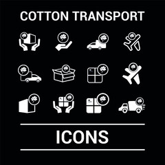 Vector image. Cotton transport icons. Cotton by truck, by plane and in packages.
