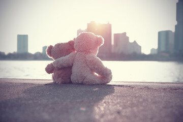 Cute two teddy bears sitting hug take care to show love sunlight looking at the city.
