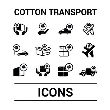 Vector image. Cotton transport icons. Cotton by truck, by plane and in packages.