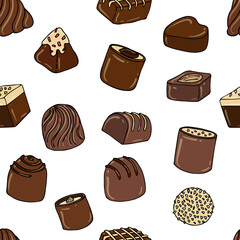 Simple vector pattern with colored chocolates on a white background in cartoon style.