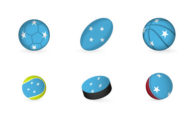 Sports equipment with flag of Micronesia. Sports icon set.