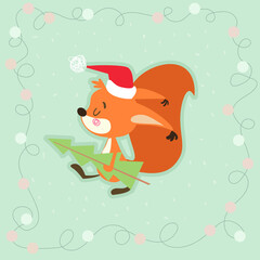 Сartoon squirrel with gifts for christmas and new year