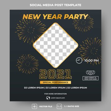 Editable square banner template design. New year party invitation banner with a black background. Usable for social media, banner, and web internet ads. Flat design vector with a photo collage.