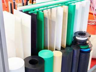 Pipes, rods and sheets of composite materials on exhibition