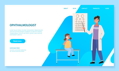 Fototapeta na wymiar App to communicate with healthcare professionals. Website for consultation with an ophthalmologist. Program landing page template. Optometrist checks child s eyesight. Table for testing visual acuity